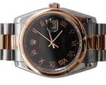Rolex 2-Tone Rose Gold Black Roman Round Bezel Datejust Genuine Watch